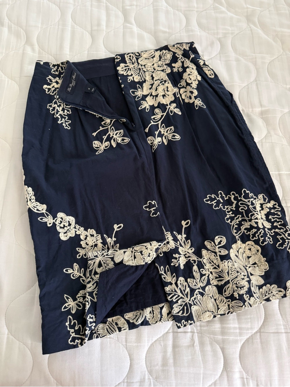 J. Crew Navy pencil Skirt with Cream Floral Embroidery